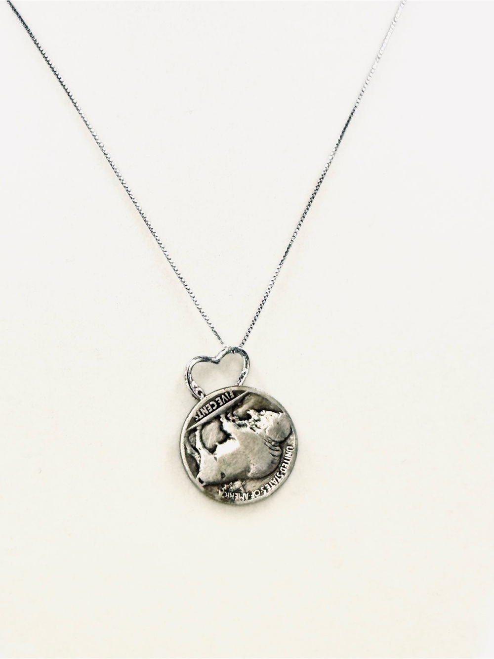 Vintage Sterling Silver Heart Loop Buffalo Nickel Pendant & 18” Chain Necklace